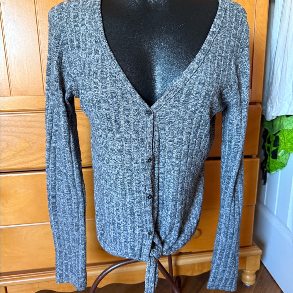 Gray V-Neck Button Front Tie Sweater — Soft Knit — Oversized — Medium